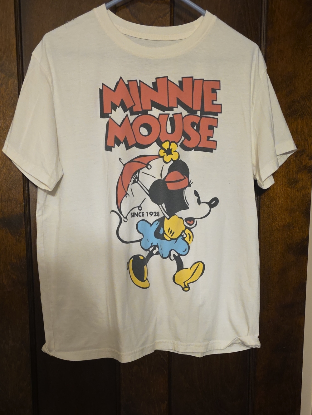Disney Cream Minnie Mouse Graphic Tee with Red, Yellow & Blue